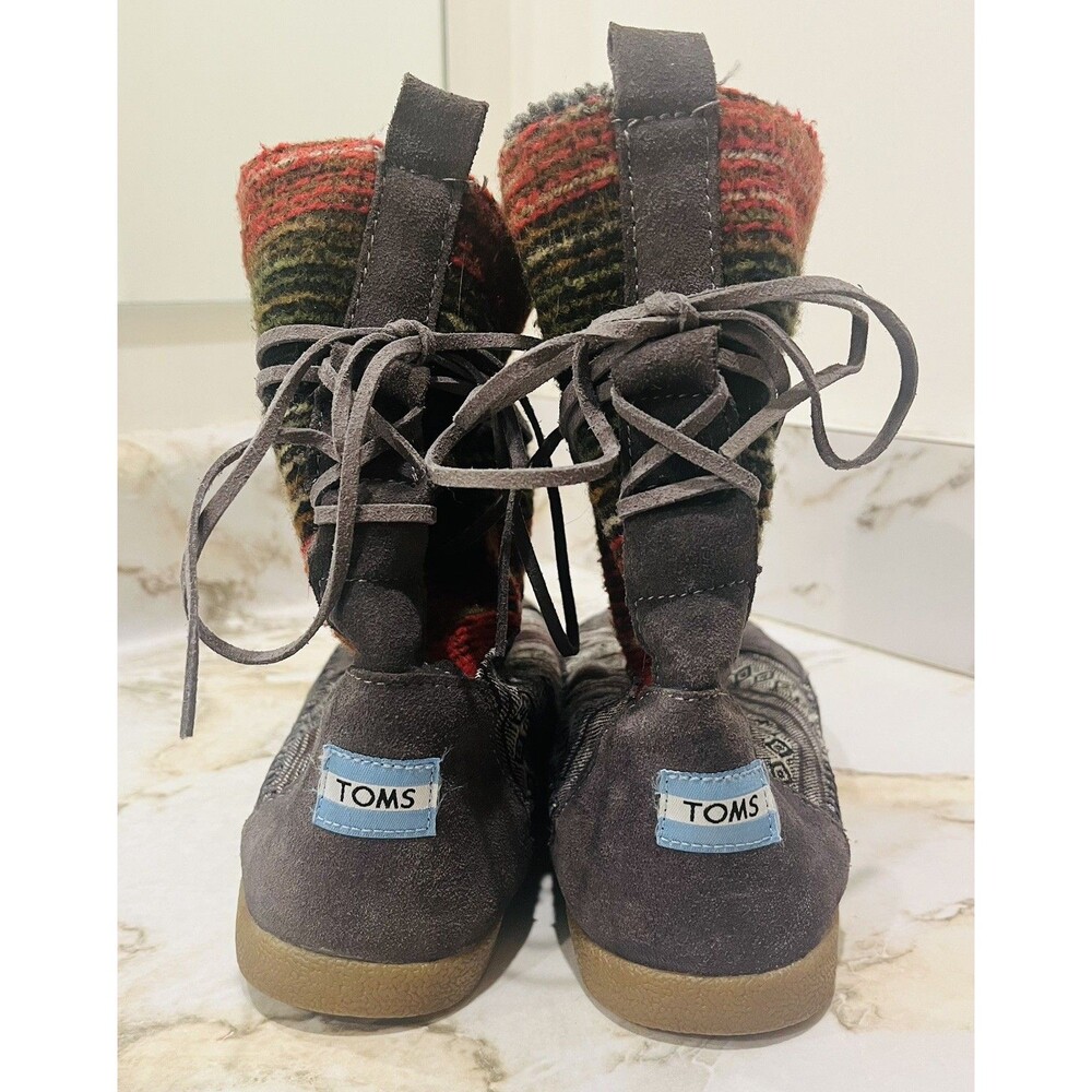 TOMS Lace Up Faux Fur Boots Gray Tribal Aztec Size Missing See Measurements
